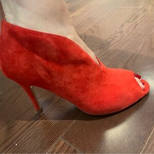 Red, Suade, short boot heels, brand new, worn once, wrong size for me